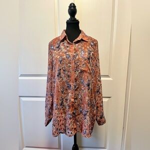 Solitaire Sheer Pink Floral Oversized Button-Down Blouse – Size M – P2P ~20”